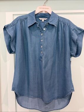 Liverpool Denim-Blue Short Sleeve Button Placket Women's Top